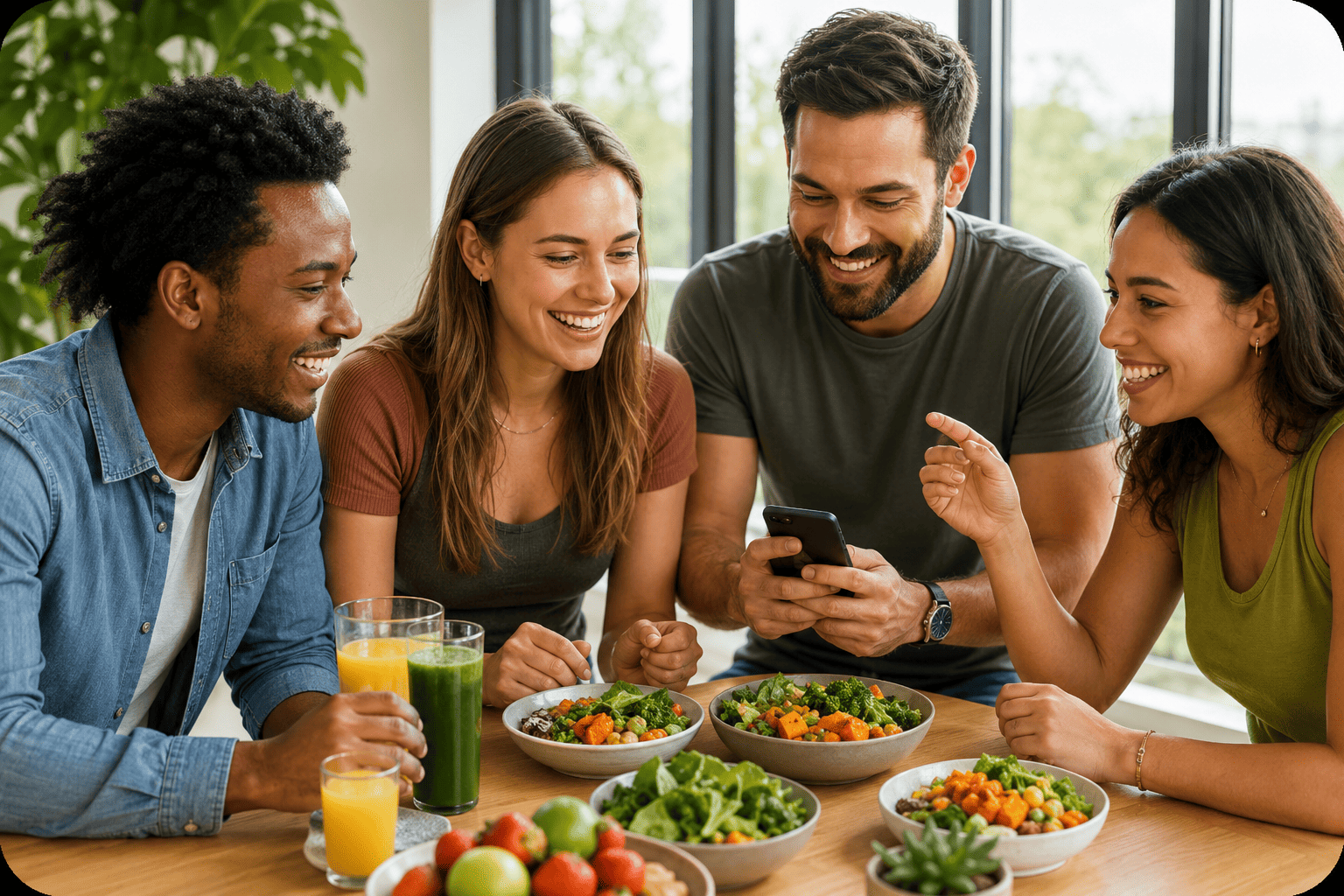 Friends sharing healthy meals and exploring ATE Food together