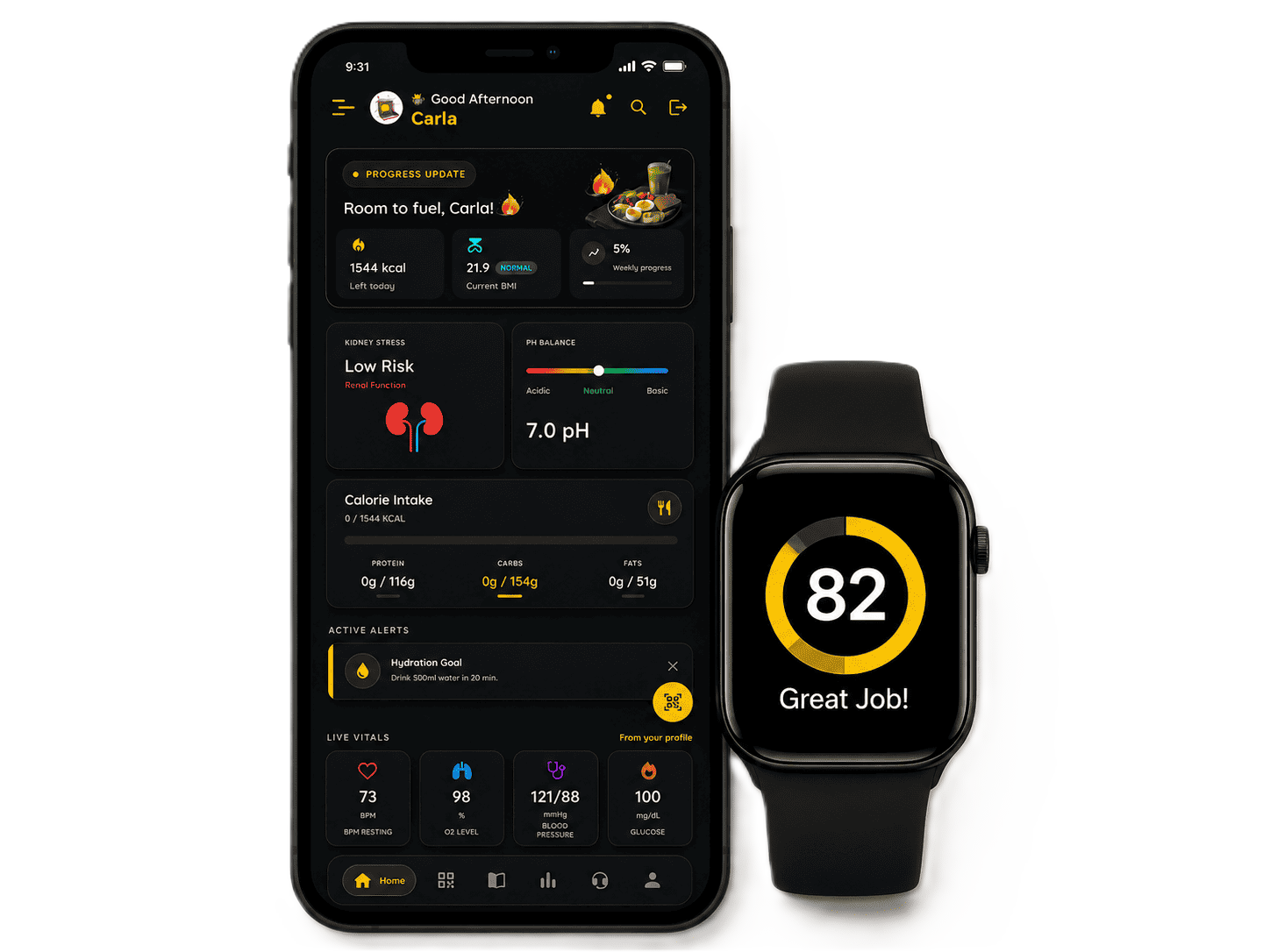 ATE Food lifestyle dashboard displayed on a phone and smartwatch