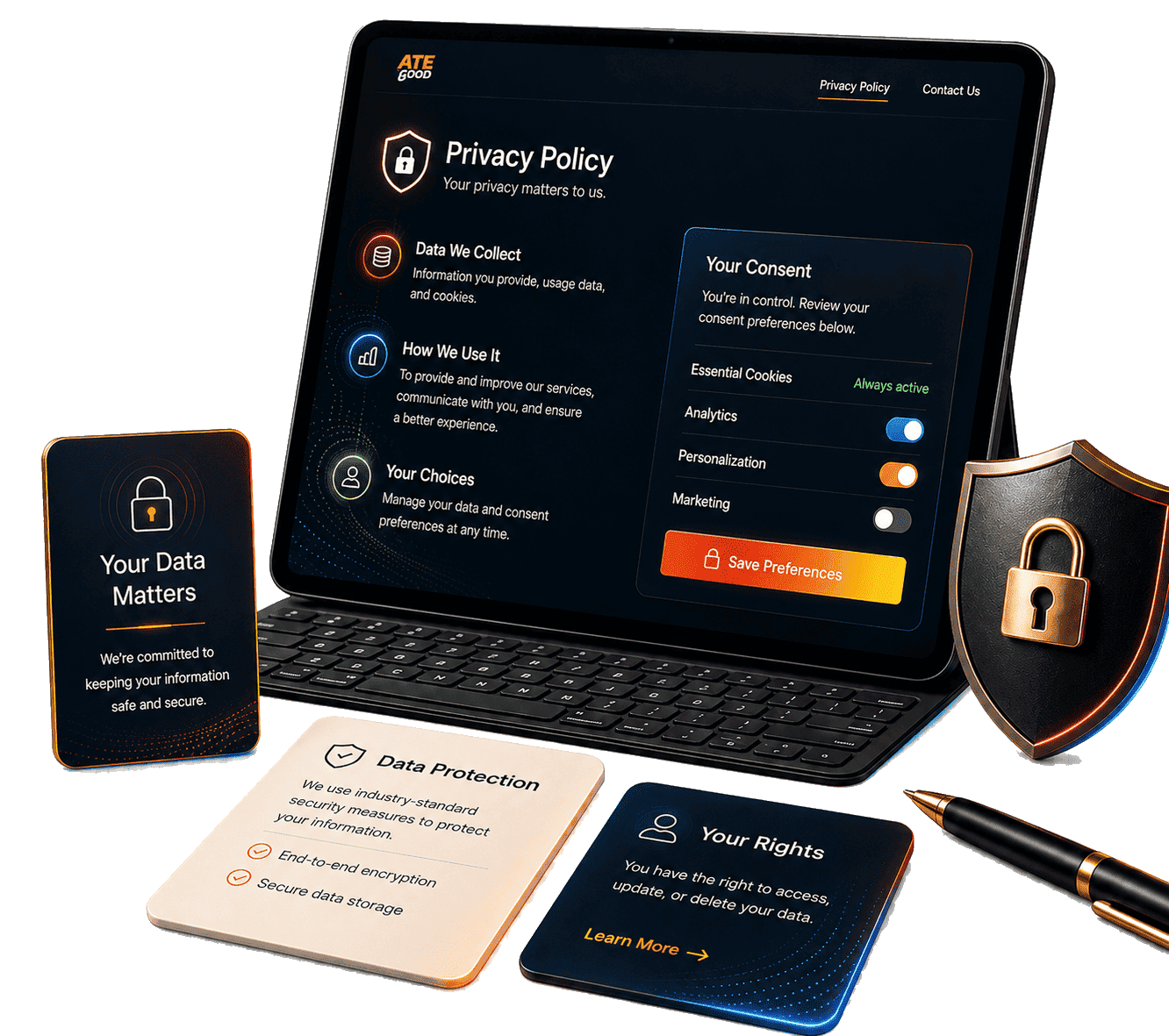 ATE Food privacy dashboard displayed with data protection and privacy symbols