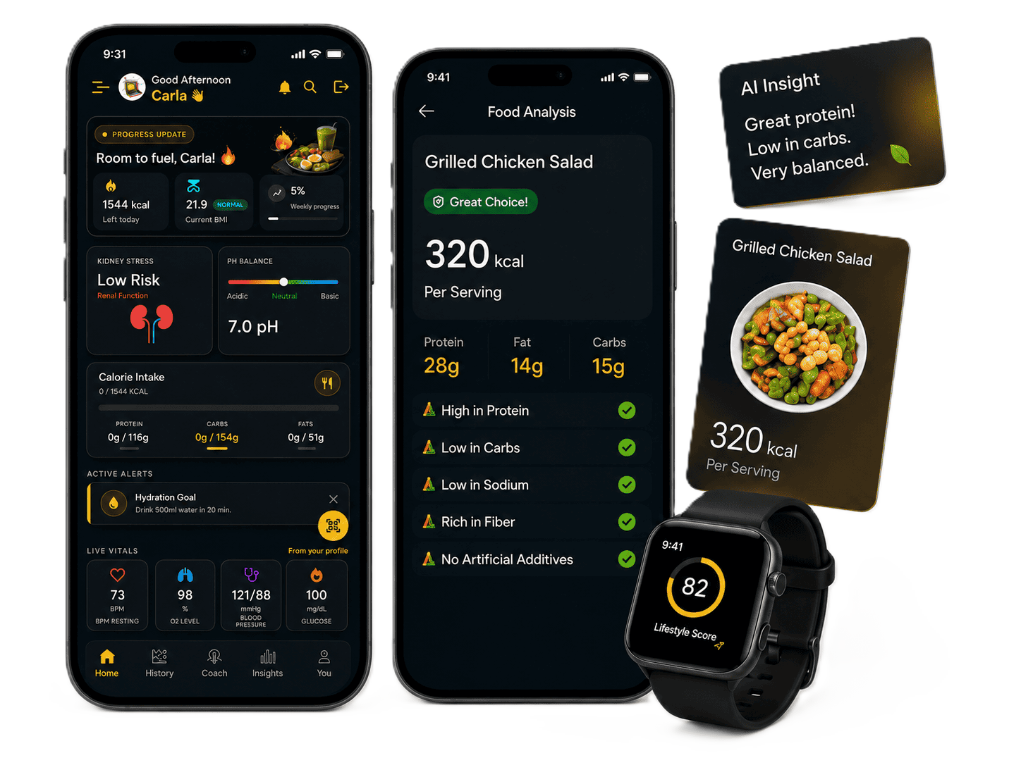 ATE Food lifestyle dashboard and food analysis shown with AI insight cards, a smartwatch, and earbuds