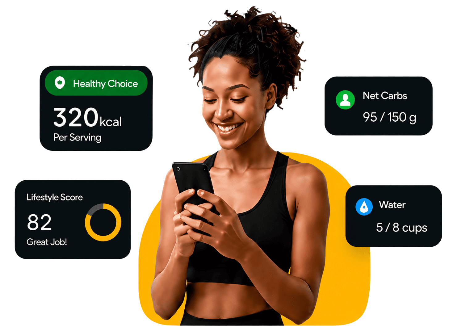 Smiling woman using ATE Food with personalized health dashboard insights