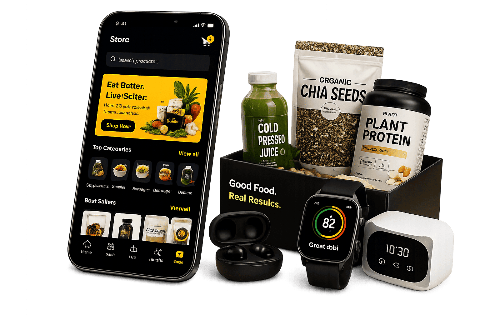 ATE Food Store app beside curated foods, supplements, a smartwatch, earbuds, and a smart clock